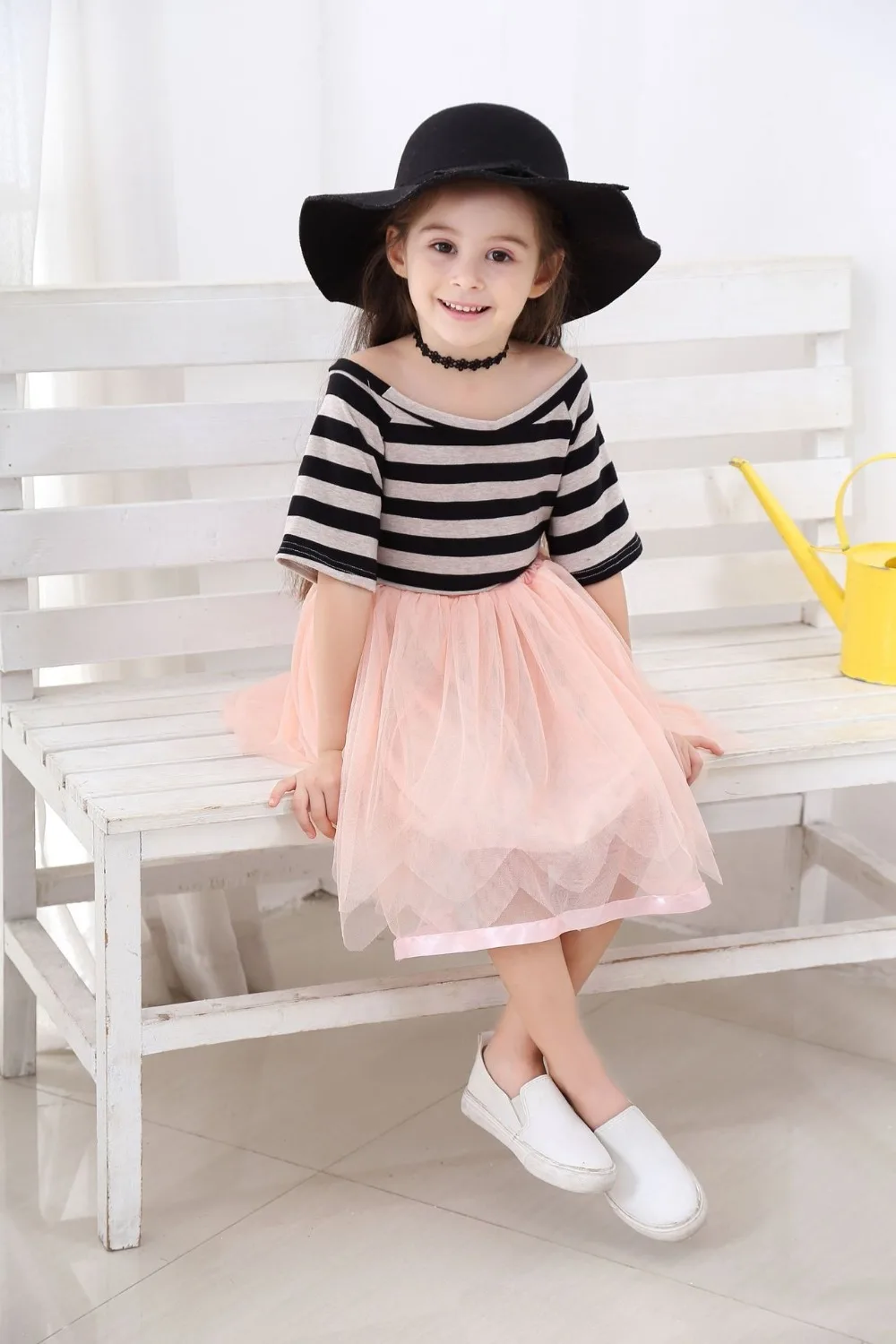 2019 summer new ins girls children's fashion trend striped stitching mesh dress in the big girl princess | Детская одежда и
