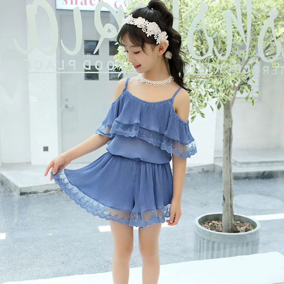 Летняя одежда для девочек рубашка с открытыми плечами + штаны комплект одежды из 2