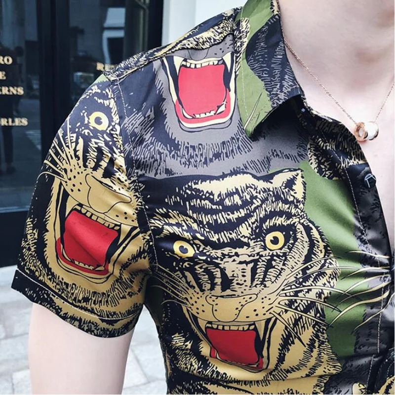 

2021 New style Tops Fashion Male printing summer slim fit Casual short-sleeved shirts/Men's lapel stripe business shirts S-XXXL