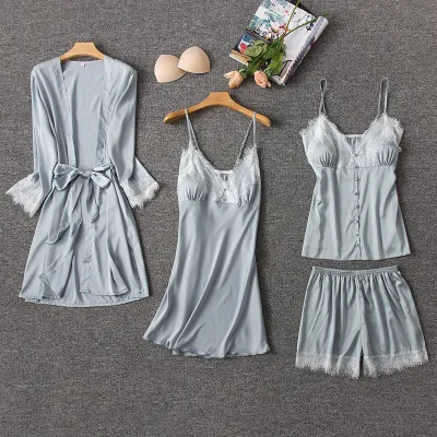 gray 4pcs Daeyard, женские шелковые пижамы, 4 шт, пижамные комплекты, одежда для сна, Сексуальная кружевная отделка, для сна, для отдыха, v-образный вырез, халат, пижама, весна-лето, домашняя одежда - Цвет: gray 4pcs