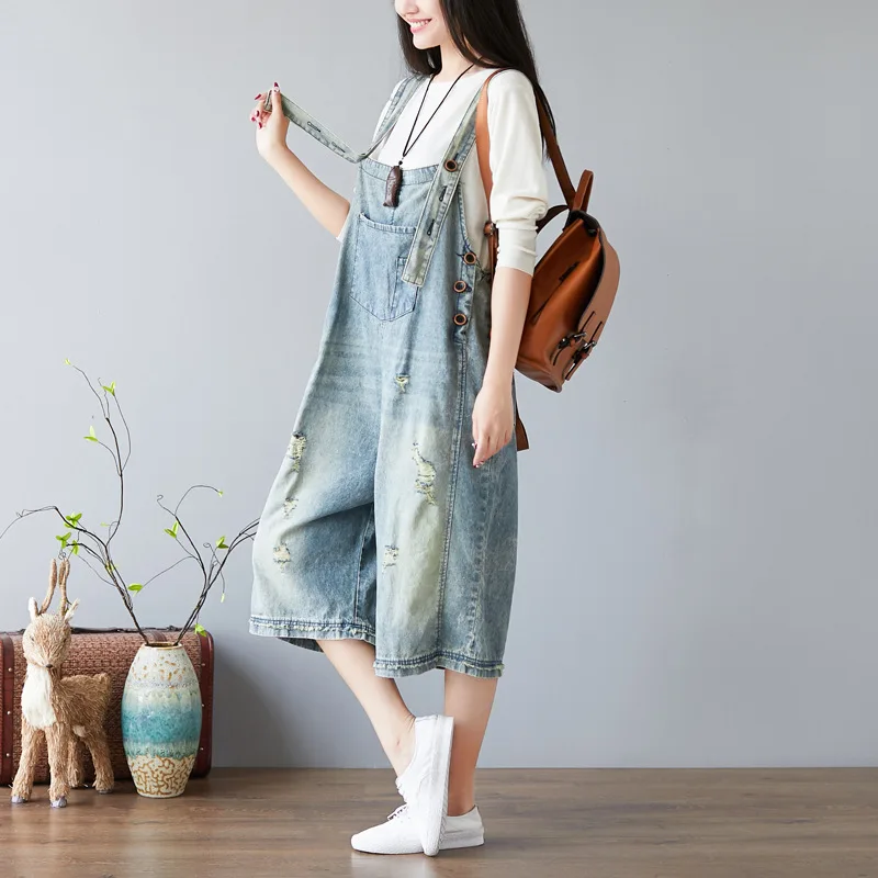 Women Summer Blue Jumpsuit Washed Vintage Loose Hole Jeans Cropped Wide Leg Bib White Scratch Trousers XL-01 | Женская одежда