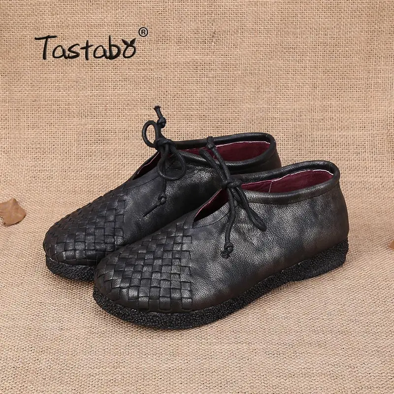 black Tastabo/Женская обувь на плоской подошве; Мокасины на шнуровке; мягкая женская обувь из натуральной кожи; повседневная женская обувь ручной работы на плоской подошве; Цвет Черный - Цвет: black