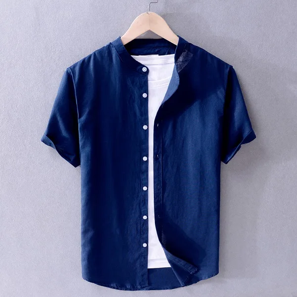 Dark blue Новое поступление, Брендовые мужские льняные рубашки летняя однотонная желтая рубашка Мужская мода Повседневная рубашка со стоячим воротником мужская рубашка большого размера - Цвет: Dark blue
