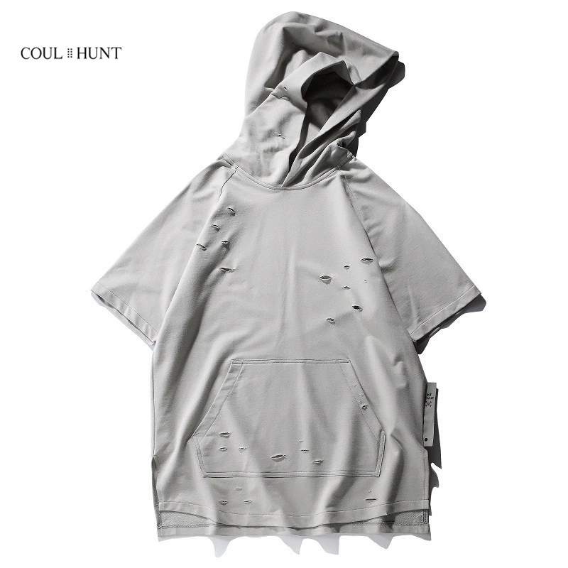 COULHUNT Лето короткий рукав толстовки для мужчин рваные с капюшоном тонкий пуловер