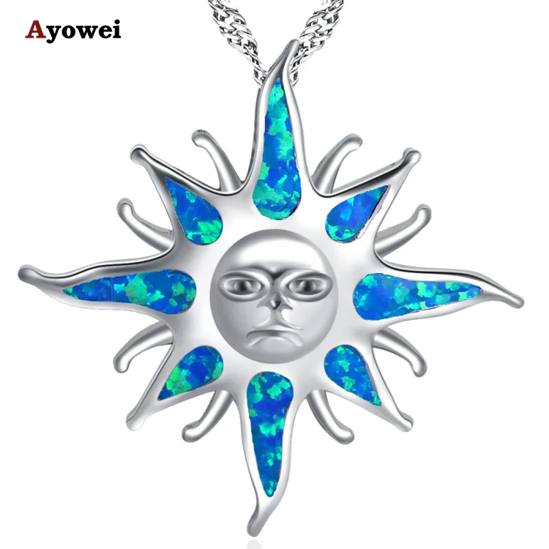 Ayowei Hot sell sun flower for girl birthday gift blue fire opal silver 925 Pendant Necklaces women fashion jewelry OP772A | Украшения и