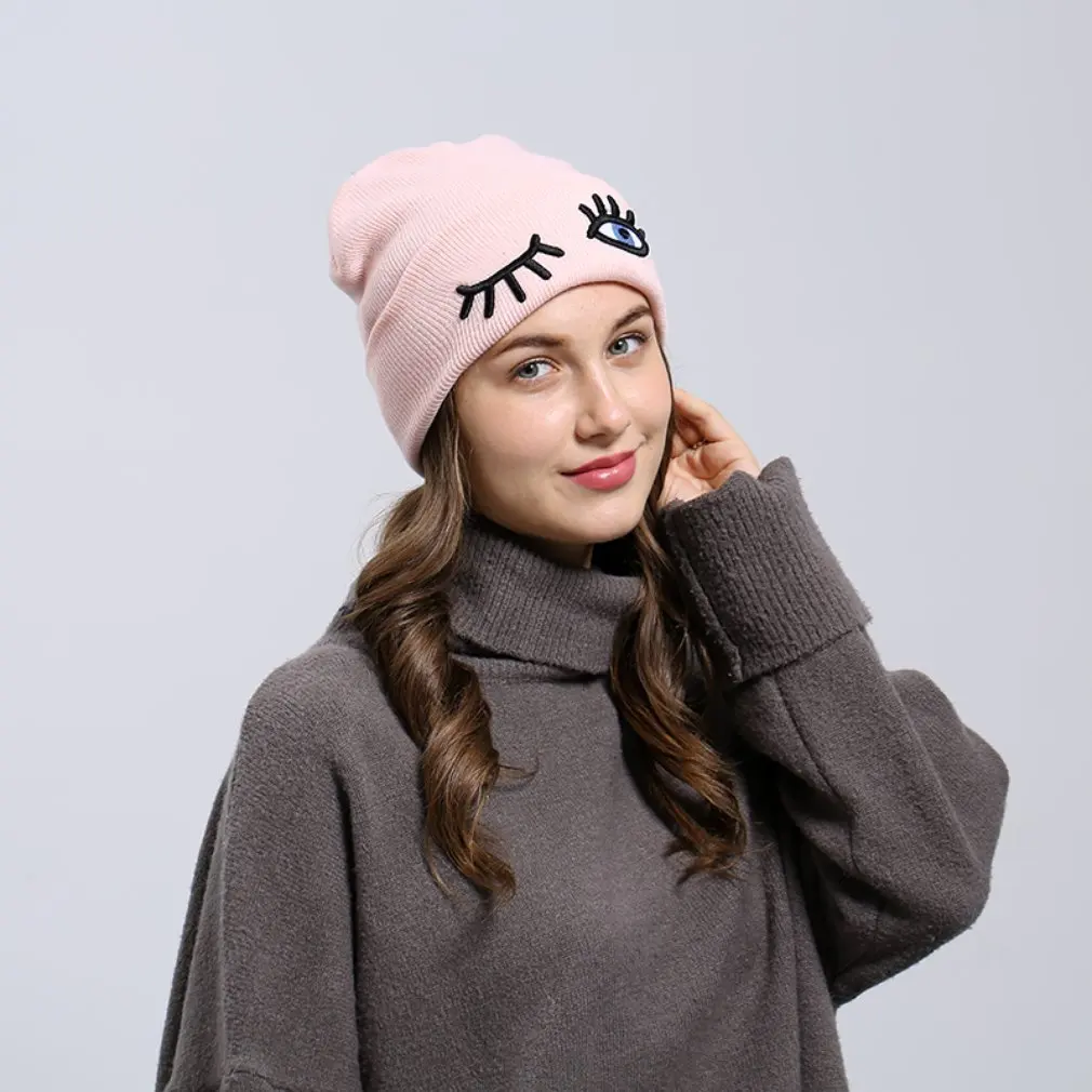 Осенне-зимние женские шапки Skullies В Стиле Хип-хоп, теплые женские шапки с забавными глазами, мягкие женские вязаные шапки