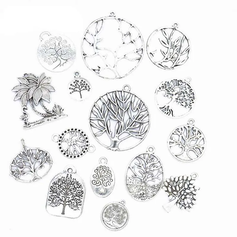 

30pcs Mixed 15 Styles Vintage Silver Zinc Alloy Tree Charms Pendant For Jewelry Finding