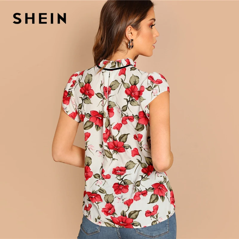 SHEIN Топ С Воротником-Бантом И Цветочным Принтом Женская Многоцветная Летняя Богемная Блузка Со Стоячим Воротником