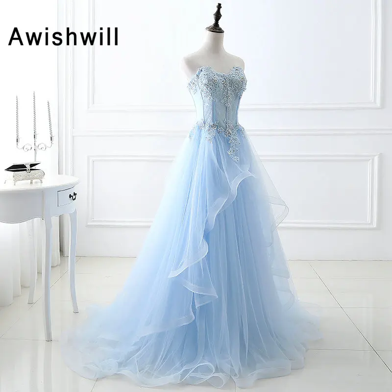 Vestido Formatura Элегантные Длинные Выпускные платья длиной до пола бисерные Аппликации Тюль А-силуэта на шнуровке сзади Вечерние вечернее платье