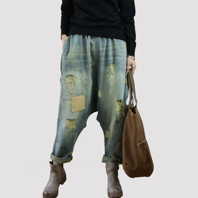 Ковбойские Палаццо карго хиппи бохо винтажные свободные Pantalones Mujer джинсы синие брюки для женщин брюки рваные джинсовые мешковатые брюки