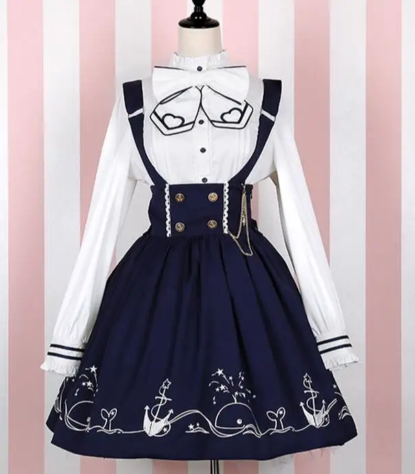 Shirt and Skirt Милая женская белая рубашка в консервативном стиле+ темно-синяя юбка на подтяжках в японском стиле, Женская юбка в стиле Лолиты, Vestidos - Цвет: Shirt and Skirt