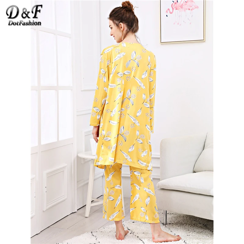 Dotfashion/пижамный комплект на бретельках с желтыми листьями, женская осенняя одежда, Повседневная летняя одежда для сна с длинным рукавом, пижамные комплекты