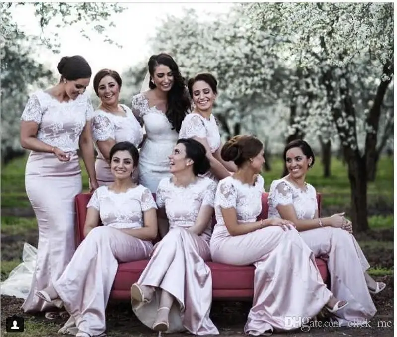 

Plus Size Bridesmaid Dresses Long Short Sleeves Lace Top Satin Scoop Mermaid Maid Of Honor Gown Cheap Wedding Guest Dress