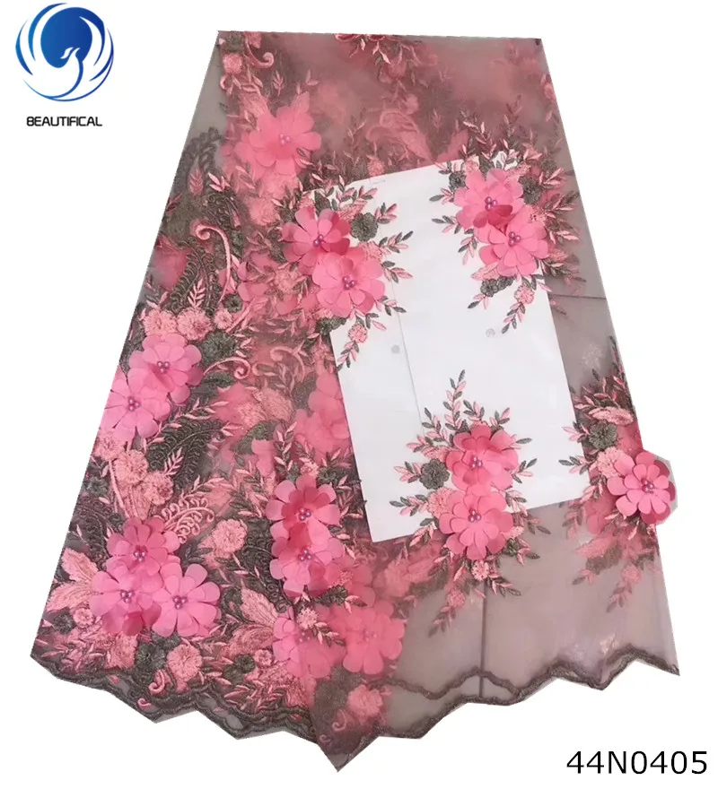 Красивый персиковый цвет кружева 3d Африканские цветок вышитые жемчужины бисером