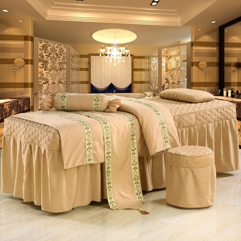 

4pcs/5pcs/6 Brief Cotton Beauty Bedspread Embroidery Ruffles Bed Skirt Duvet Cover for Beauty Parlor 70*190cm Light Yellow