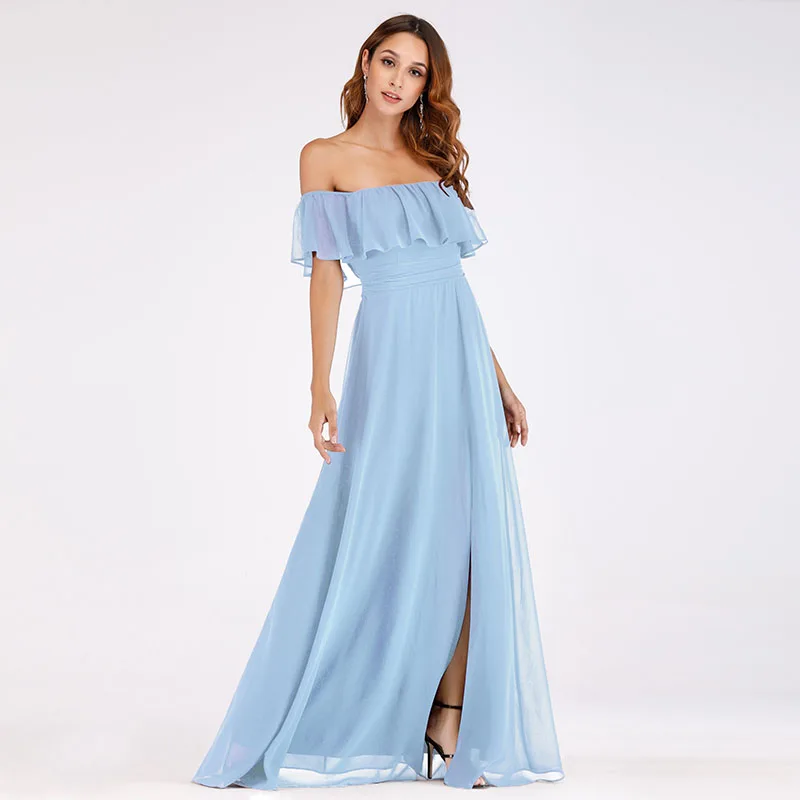 Light Blue Платья для выпускного вечера, длинные, красивые, элегантные, с открытыми плечами, а-силуэт, с разрезом, свадебные платья для гостей, сексуальные, фиолетовые, шифоновые, длинные, вечерние платья - Цвет: Light Blue
