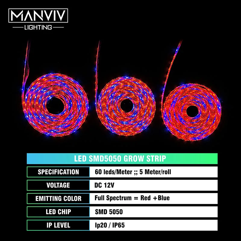 SMD5050 СИД растет свет полосы Водонепроницаемый DC12V гибкая лента 5 м 60led/M "сделай