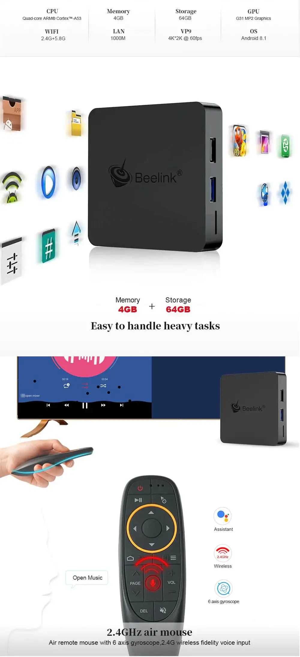 Beelink GT1 MINI Amlogic S905X2 4 Гб DDR4 64 ГБ Android 8,1 1000 2,4 M 5,0G 4,0G wifi 4K BT tv Box Мини-ПК поддержка голосового пульта дистанционного управления