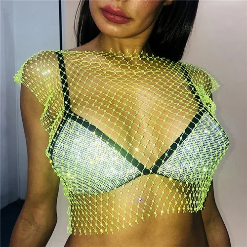 Neon Green O-neck FestivalQueen Сексуальная Бриллиантовая сетка обрезанная майка женская летняя накидка бикини Прозрачная сетка со стразами вечерние клубный кроп-топ - Цвет: Neon Green O-neck