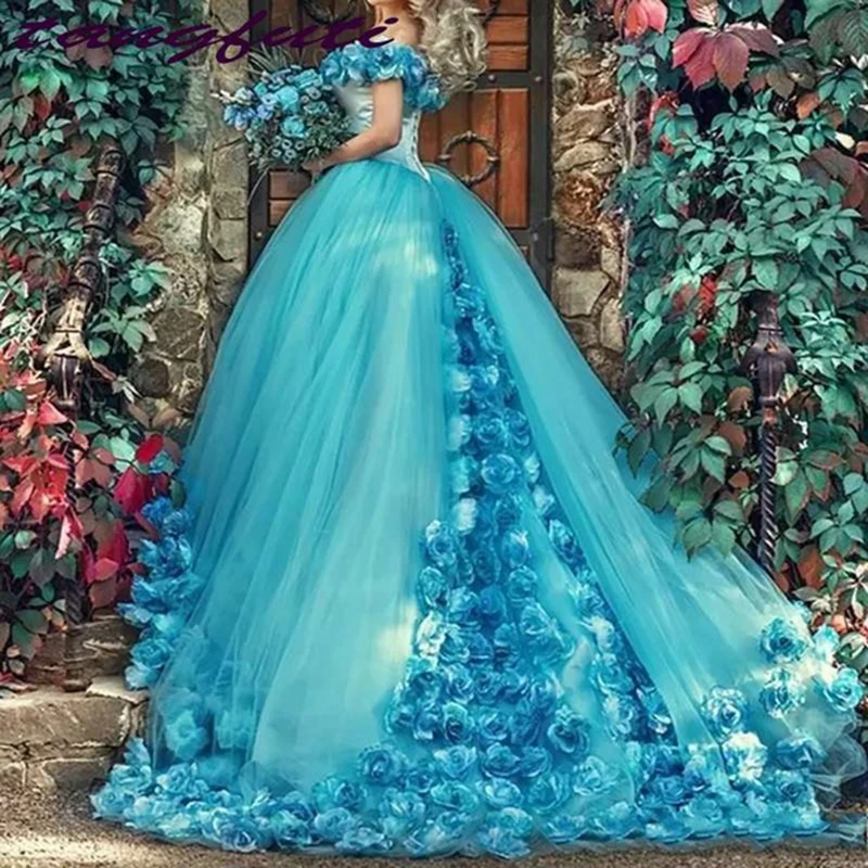 

Elegant Dress V-neck Robe De Tull Handmade Rose flower Oman Jade Ball Gown Floor-Length Quinceanera Dress Saudi Arabia