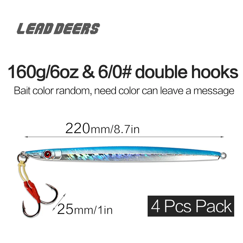 160g 2 hooks x 4Pcs Leaddeers, высокое качество, приманка, свинцовая рыба, металлические приспособления 120, 160, 200 г, 4 цвета, приманка для морской рыбалки, Deepsea, железная пластина, приманка - Цвет: 160g 2 hooks x 4Pcs