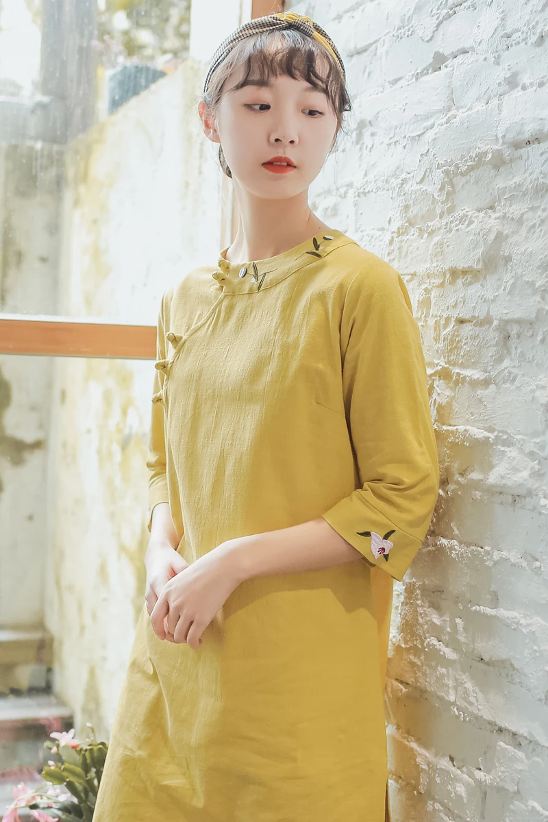 Китайское платье cheongsam qipao с вышивкой qipao платье cheongsam vestidos чиносы Восточное хлопковое и льняное платье cheongsam