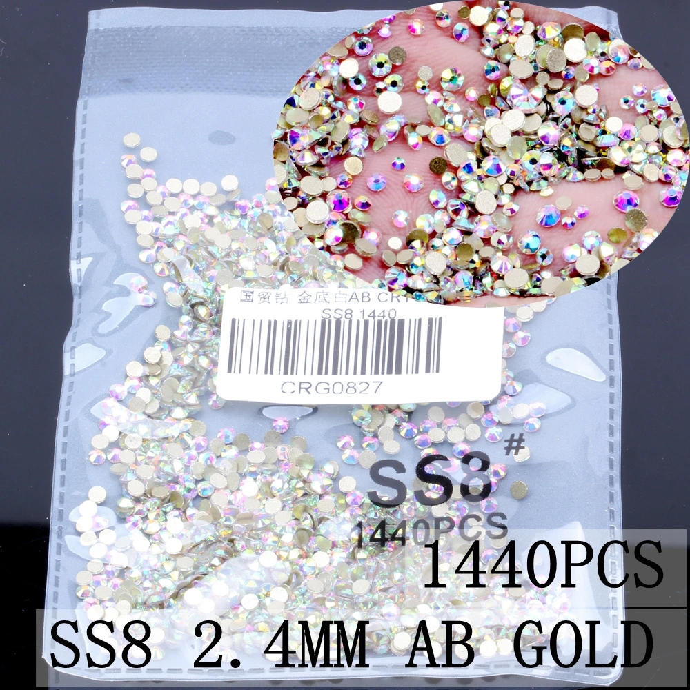 AB Gold ss8 1440pcs 3D Стразы для ногтей, SS3-SS8, хрустальные стразы, плоские с оборота, Стразы для ногтей, не Горячие фиксации, украшение для ногтей, сделай сам, стеклянный маникюр - Цвет: AB Gold ss8 1440pcs