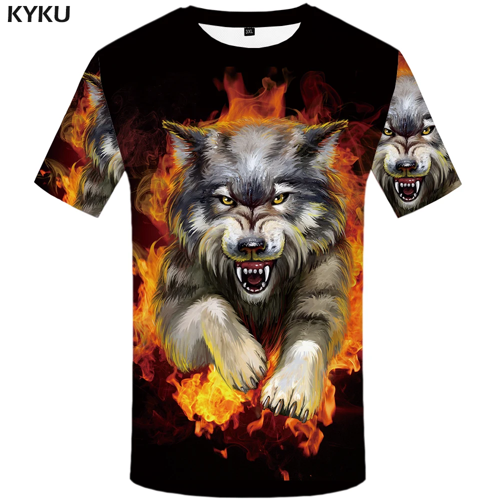 KYKU Wolf/мужская футболка с изображением пламени рубашки агрессивным гневом 3d в