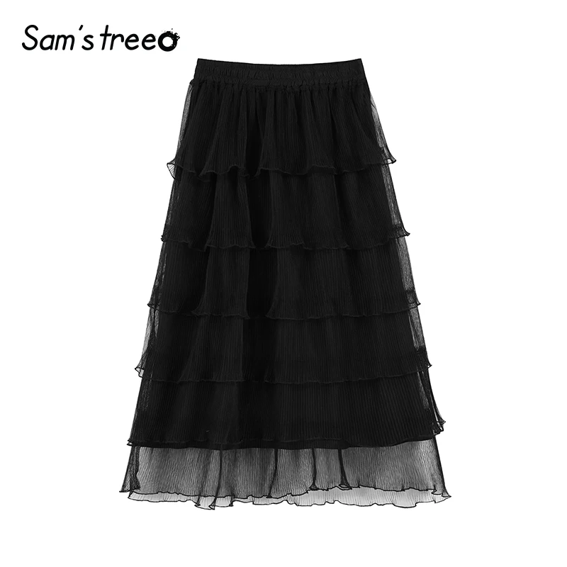 Samstree/сетчатые женские юбки с оборками, летняя Модная белая трапециевидная Женская многослойная юбка со средней талией, элегантная Офисная Женская юбка