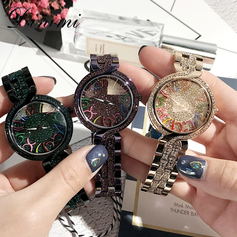 Dimini модные роскошные женские часы со стразами блестящие кварцевые наручные из