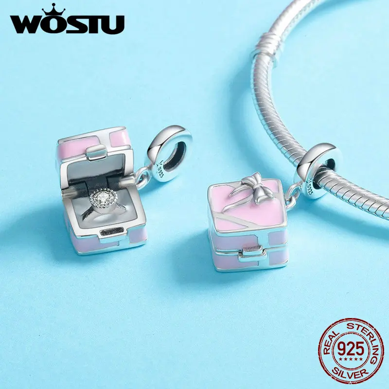 WOSTU 925 пробы Серебряный романтическая розовая коробка Marry Me сюрприз предложение Шарм кулон подходит браслет DIY Ювелирные изделия CQC549