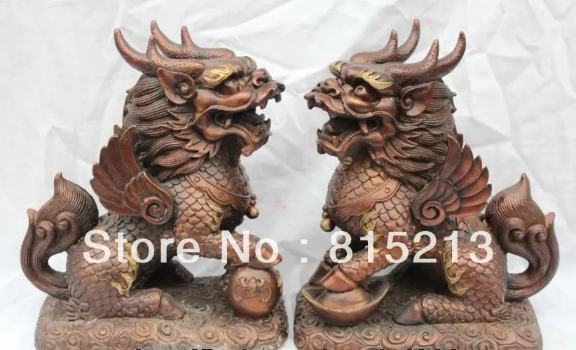 

bi00240 11" China Chinese Feng Shui Bronze Lucky Kylin Dragon Foo Fu Dog Statue Pair