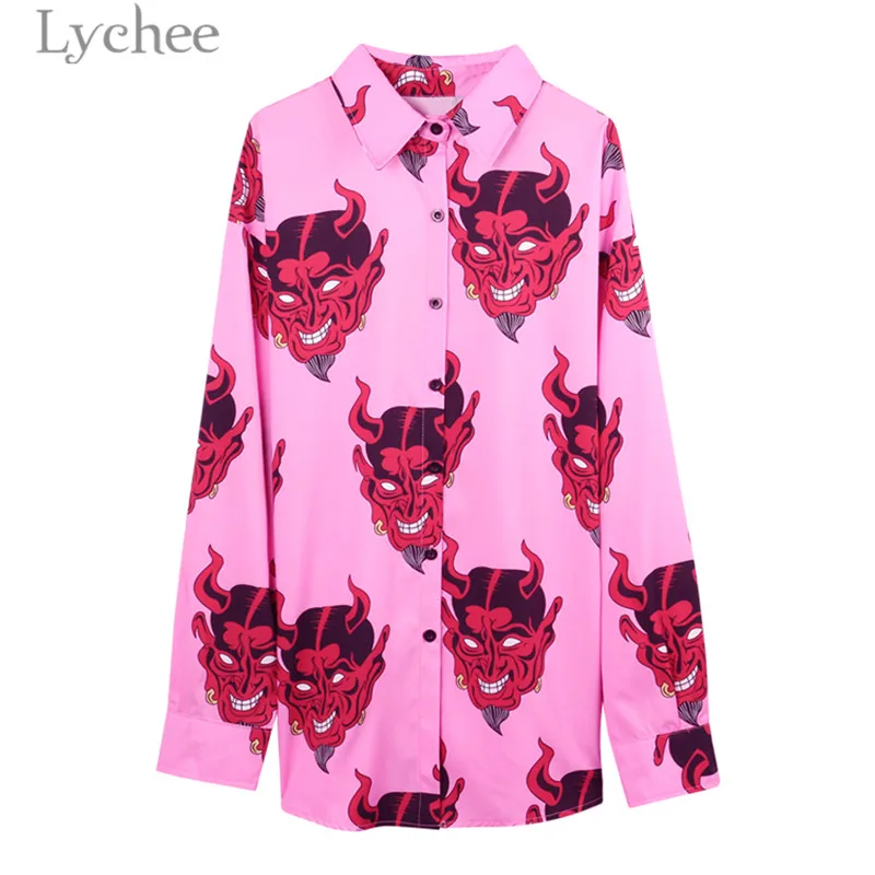 Long Sleeve Pink Lychee Харадзюку с принтом демона Летняя женская блузка панк готика Повседневная Свободная рубашка с коротким рукавом топы женские - Цвет: Long Sleeve Pink