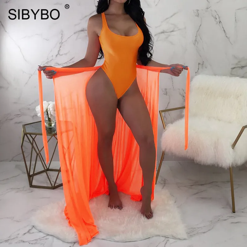 Sibybo Mesh Transparent Sexy Two Piece Set Bodysuit Women Sleeveless Backless Summer Romper Women Beach Casual Women Jumpsuit