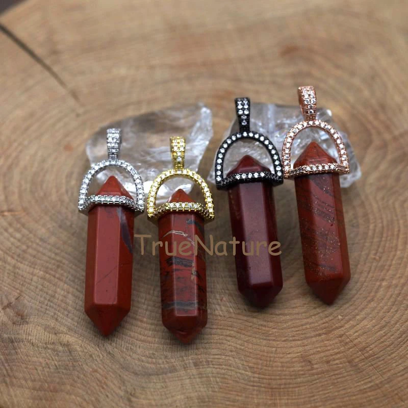 

Red Jaspers Petite Nugget Charm Healing Jaspers Double Terminated Pendant CZ Micro Pave Cap Jewelry Finding In 45*10 mm PM7408