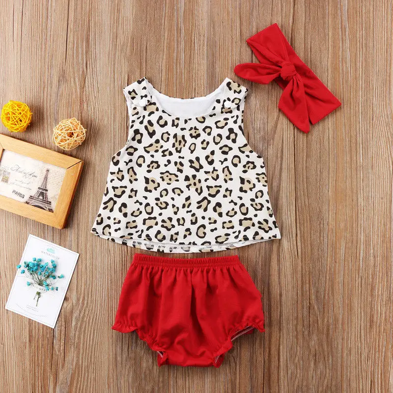 2018 new summer kid outfit set Newborn Flower Baby Girls sleeveless Leopard Tops +Tutu shorts Pant Headband 3pcs Outfits Clothes | Детская