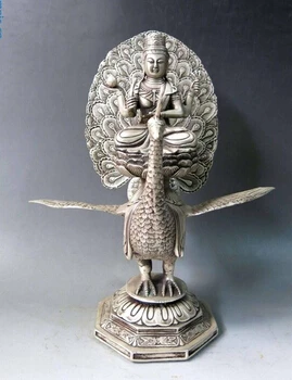 12 &quotКитай серебро budismo tallado дель паво реал Mahamayuri буда escultura estatua медь бронзовые