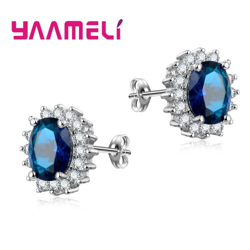 Blue Высокое качество, 925 пробы, серебряные серьги-гвоздики, Овальный кубический циркон, кристалл, ювелирное изделие для OL, для женщин, хорошее свадебное ювелирное изделие - Окраска металла: Blue