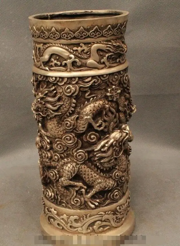 11&quot Chinese Dynasty Silver Successful Nine Dragon Play Bead Brush Pot pencil vas | Дом и сад