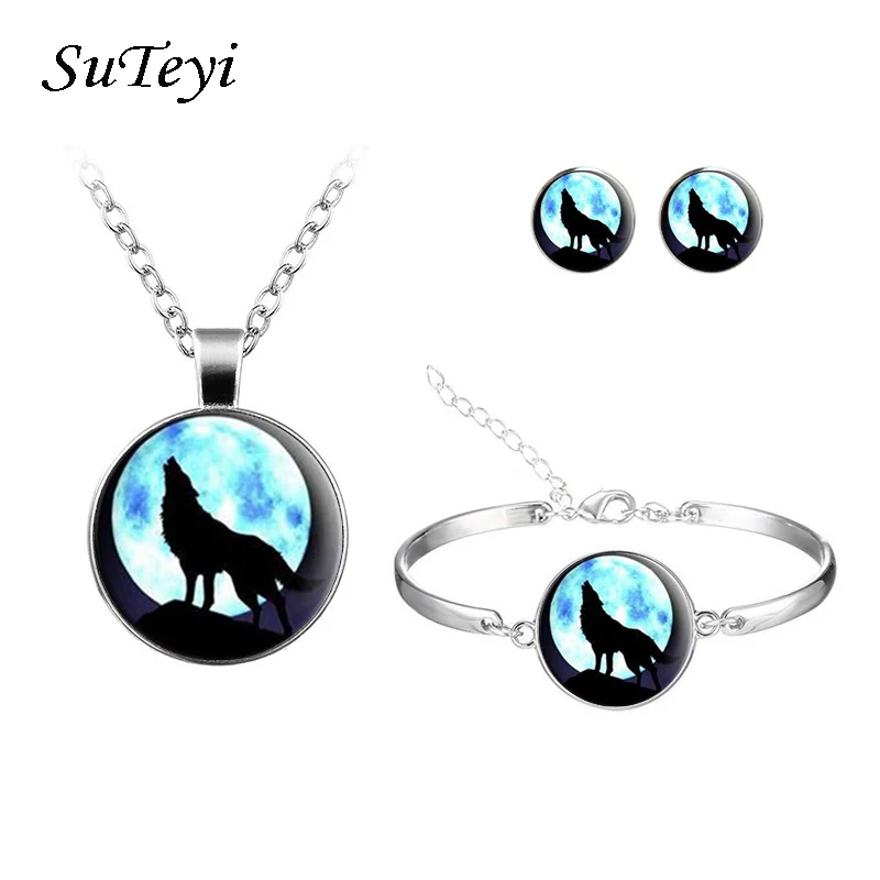 SUTEYI Trendy Moon Howling Wolf Jewelry Sets Handmade Glass Dome Animal Necklace Bracelet Earrings For Women Gift | Украшения и