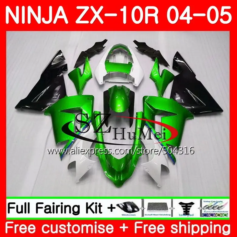 

Bodywork For KAWASAKI green white NINJA ZX1000C ZX-10R 04-05 ZX1000 C 15SH18 ZX 10 R ZX10R 04 05 ZX 10R 2004 2005 Fairings blk