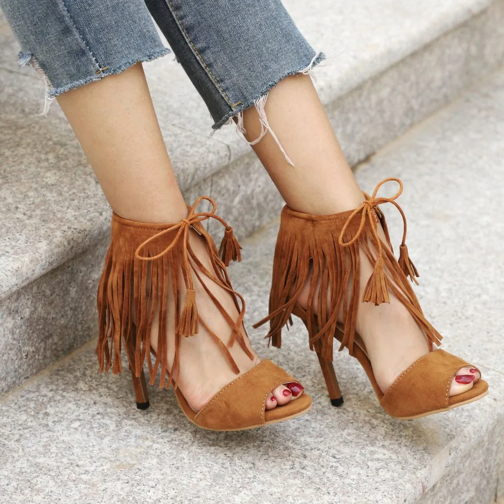 Модные женские босоножки из флока бахрома сексуальный повязку на высоком