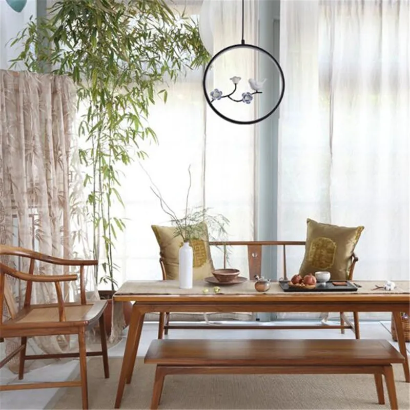 

Modern New Chinese Black Metal Ceramic Plum Lotus Led Pendant Light for Dining Room Restaurant Bar Living Room Dia 30cm 1715