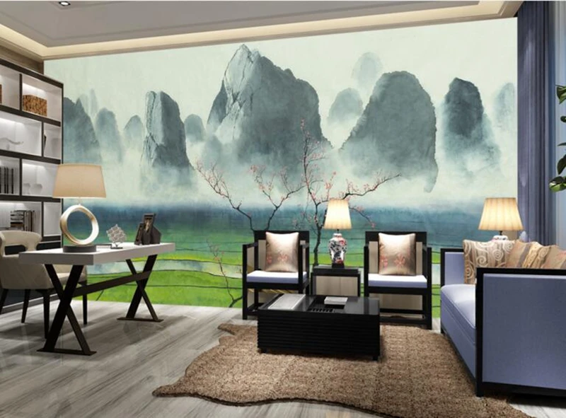 Interior Wallpaper Ink Paddy Field Foggy Mountain for Living Room Wall Dining Art Decoration Home Decor | Обустройство дома