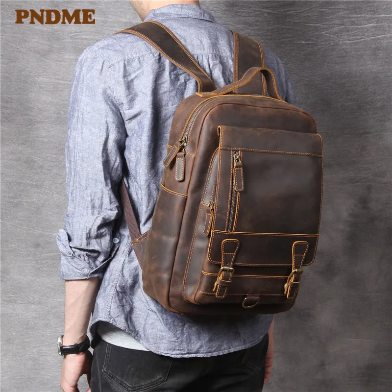 

PNDME retro simple crazy horse cowhide men's backpacks high quality anti theft genuine leather travel laptop bagpack bookbags