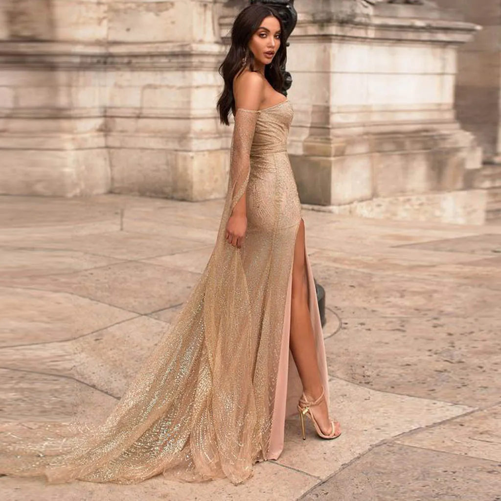 Сексуальное женское облегающее платье с длинным рукавом и открытыми плечами для