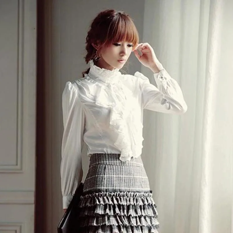 

Newly Spring Autumn Women Chiffon Shirt Long Sleeve High-necked Vintage Blouse Ruffles Tops Lady Casual Shirts m99