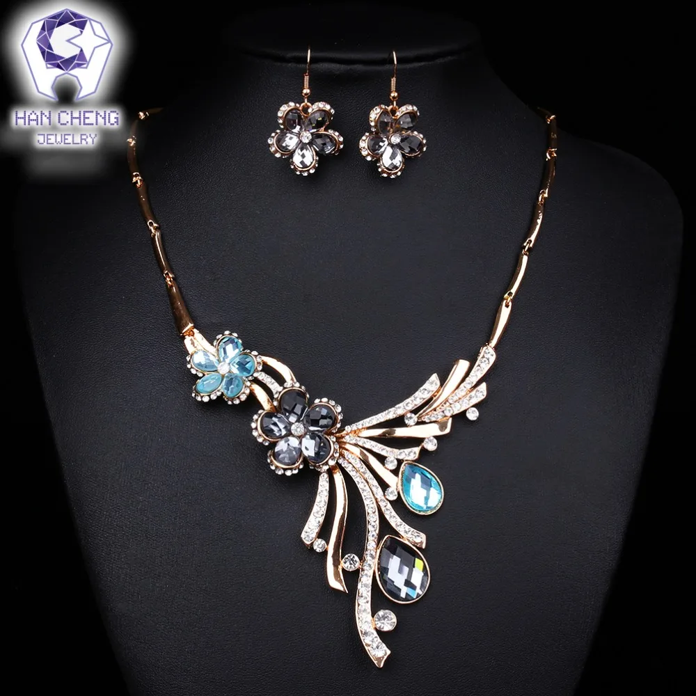 HanCheng Модный Роскошный кулон Стразы с кристаллами и цветами ожерелье серьги
