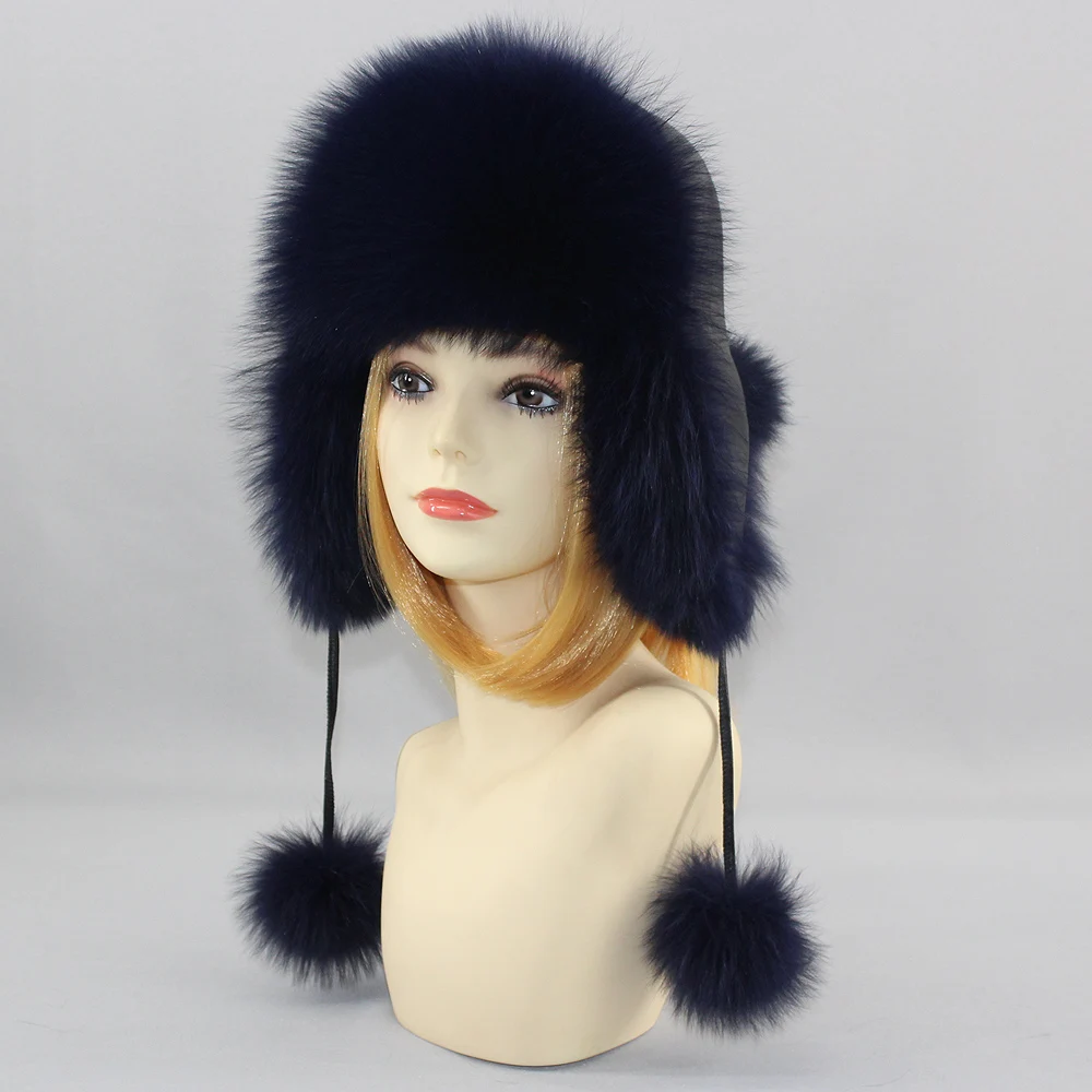 Hot Sale Natural Fox Fur Hat Women Thick Warm Real Fox Fur Cap Winter Fox Fur Bomber Hat Free Shipping