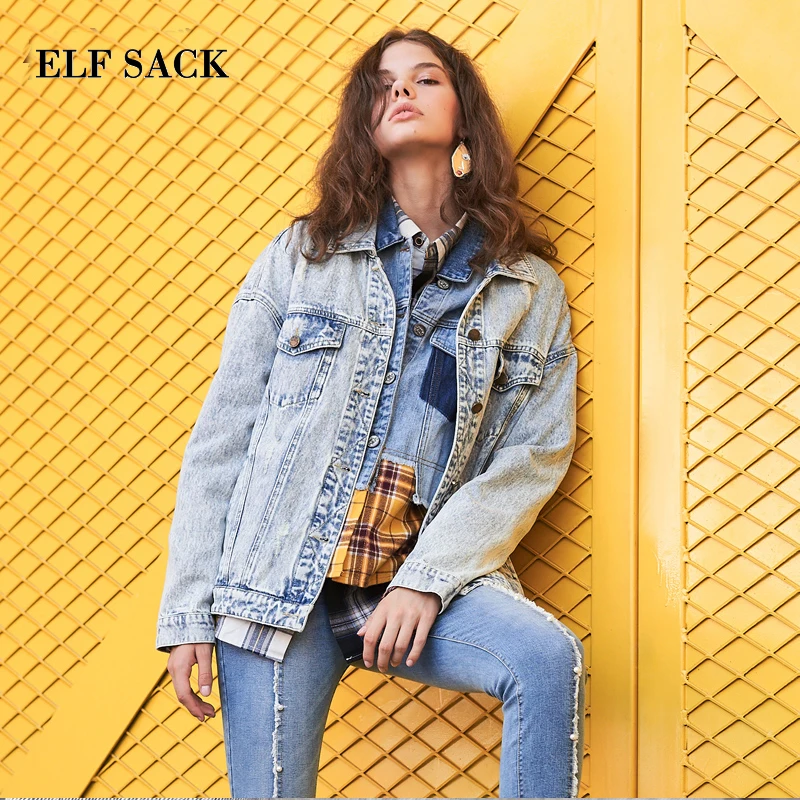 ELFSACK осень новинка женские куртки хлопок однотонный отложной воротник деним